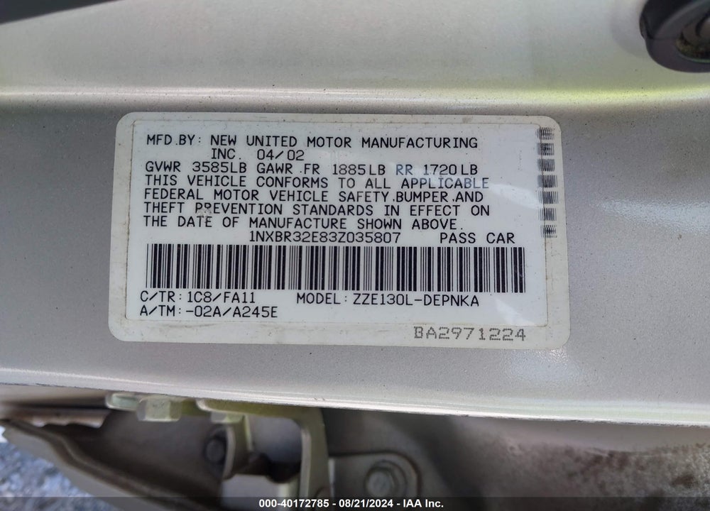 2003 TOYOTA COROLLA LE VIN: 1NXBR32E83Z035807