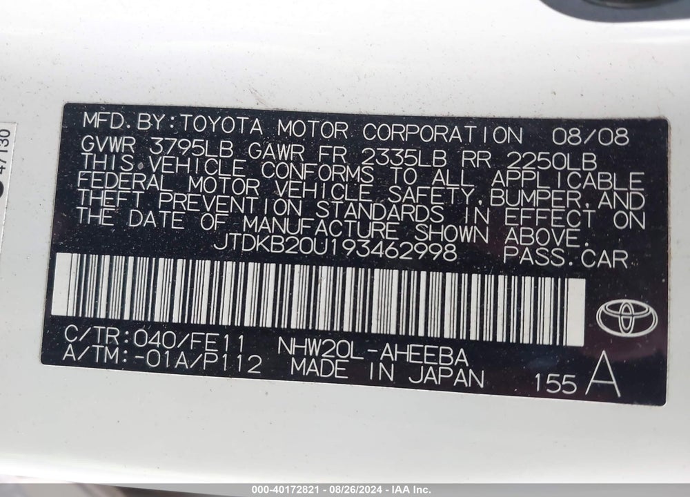 2009 TOYOTA PRIUS VIN: JTDKB20U193462998