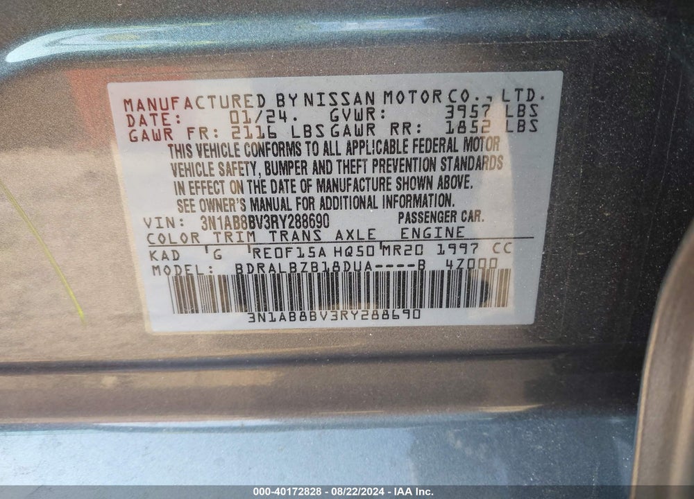2024 NISSAN SENTRA S XTRONIC CVT VIN: 3N1AB8BV3RY288690