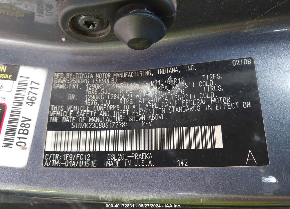 2008 TOYOTA SIENNA LE VIN: 5TDZK23C88S172384