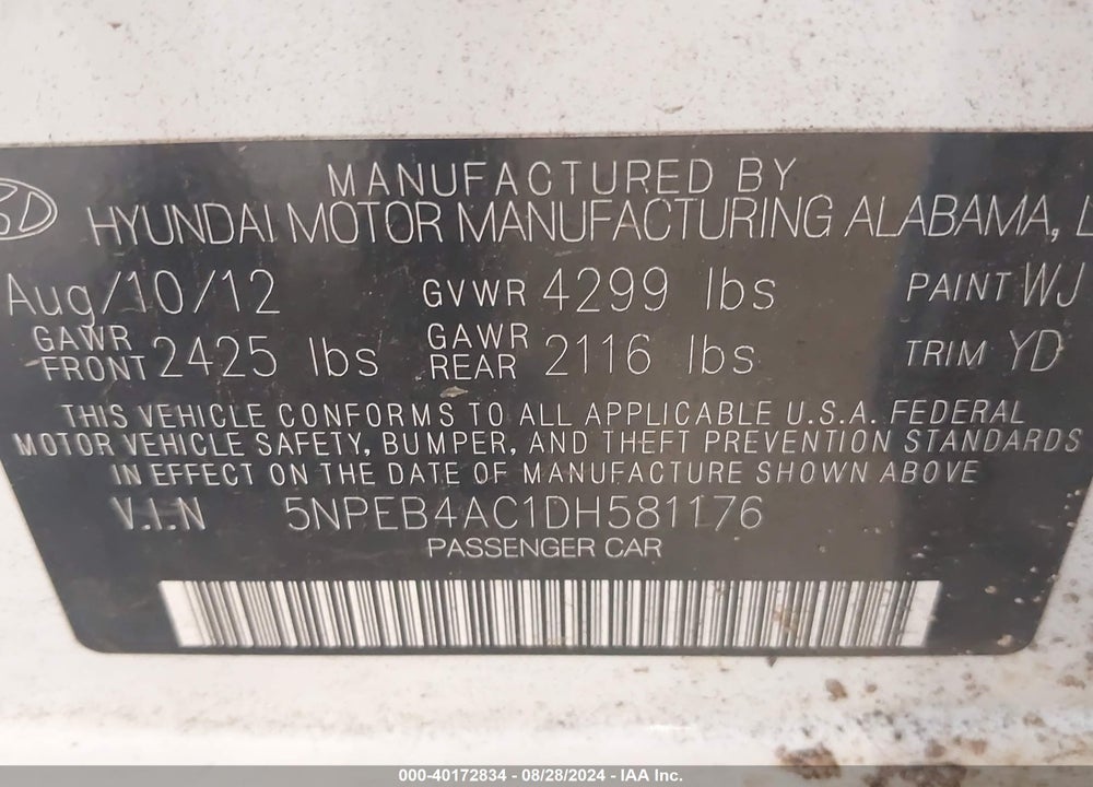 2013 HYUNDAI SONATA GLS VIN: 5NPEB4AC1DH581176