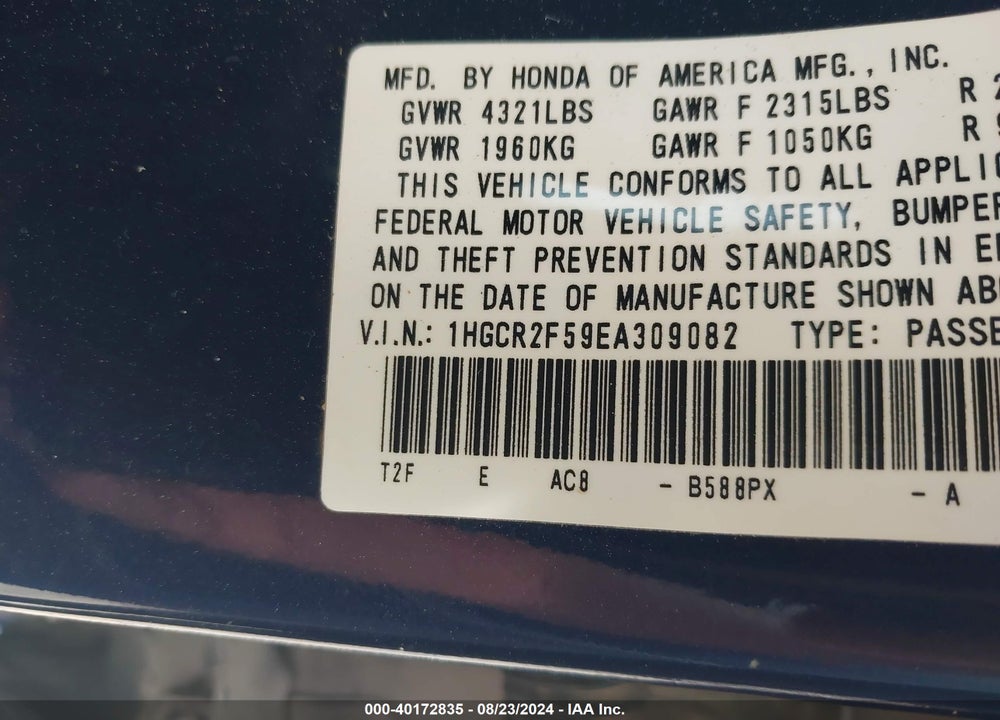 2014 HONDA ACCORD VIN: 1HGCR2F59EA309082