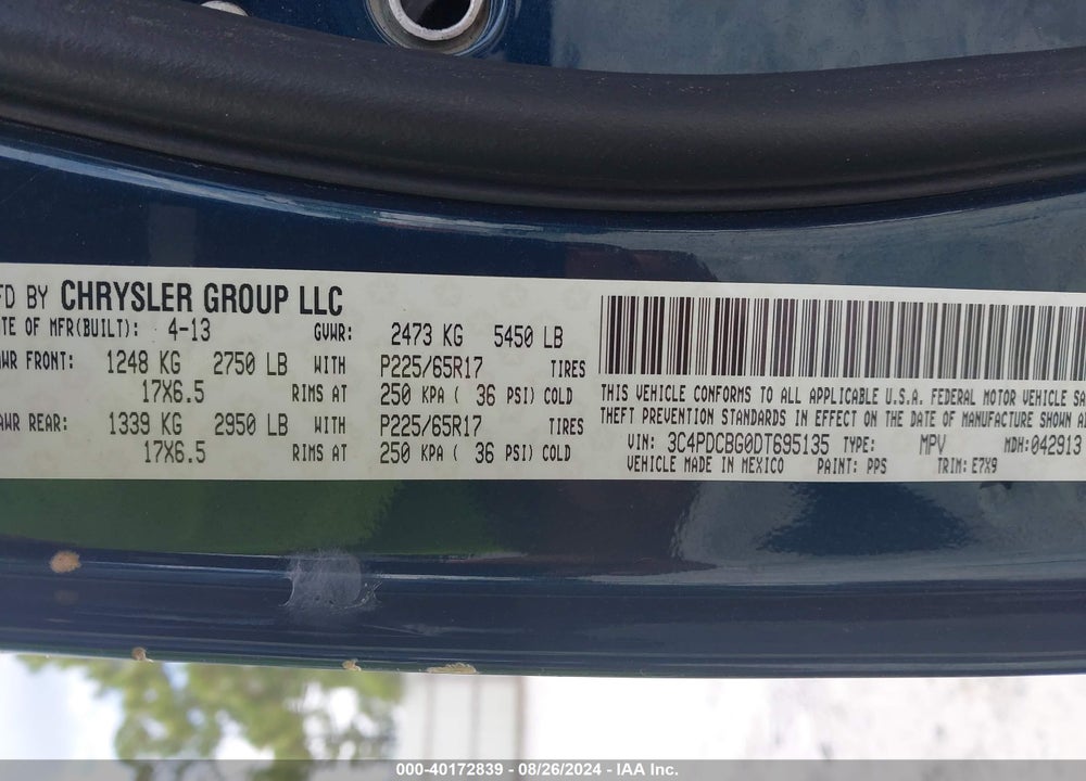 2013 DODGE JOURNEY SXT VIN: 3C4PDCBG0DT695135