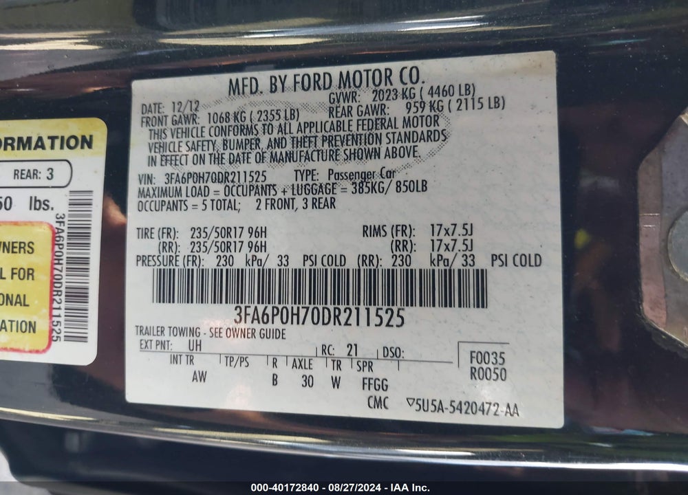 2013 FORD FUSION SE VIN: 3FA6P0H70DR211525