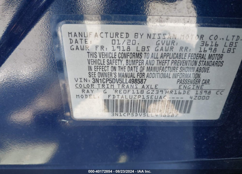 2020 NISSAN KICKS SR XTRONIC CVT VIN: 3N1CP5DV5LL498587