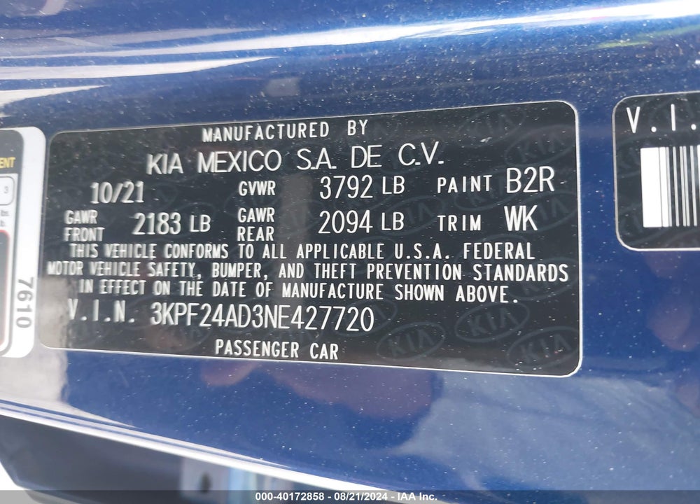 2022 KIA FORTE LXS VIN: 3KPF24AD3NE427720