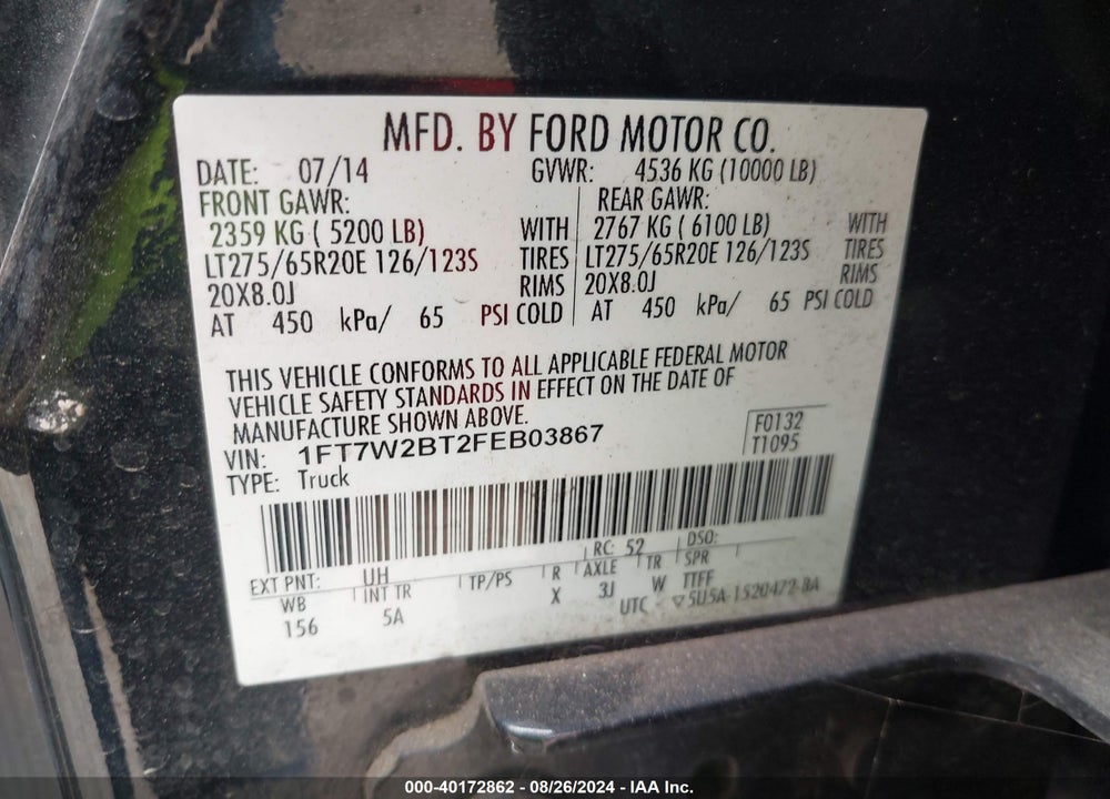 2015 FORD F-250 LARIAT VIN: 1FT7W2BT2FEB03867