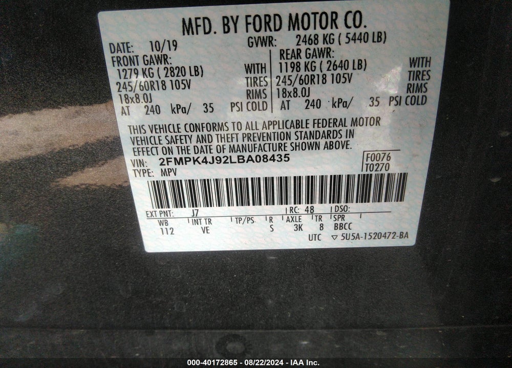 2020 FORD EDGE SEL VIN: 2FMPK4J92LBA08435