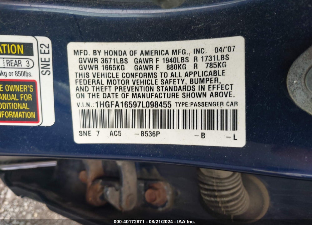 2007 HONDA CIVIC LX VIN: 1HGFA16597L098455