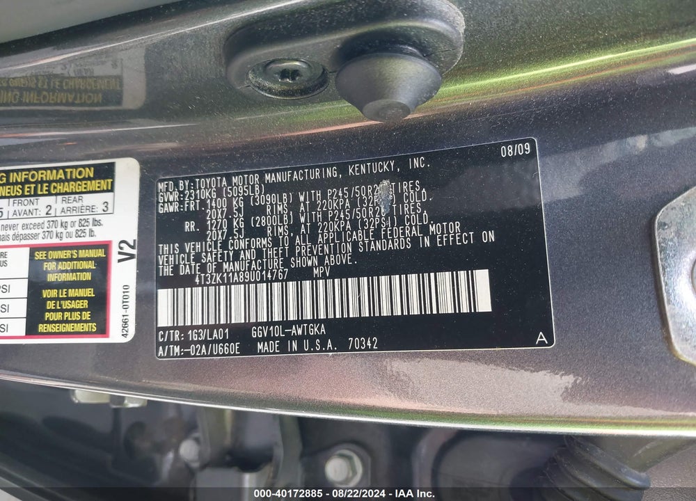 2009 TOYOTA VENZA BASE V6 VIN: 4T3ZK11A89U014767