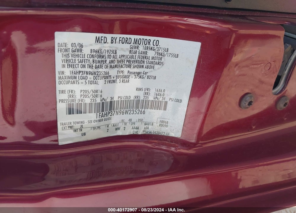 2006 FORD FOCUS ZX5 VIN: 1FAHP37N96W235266