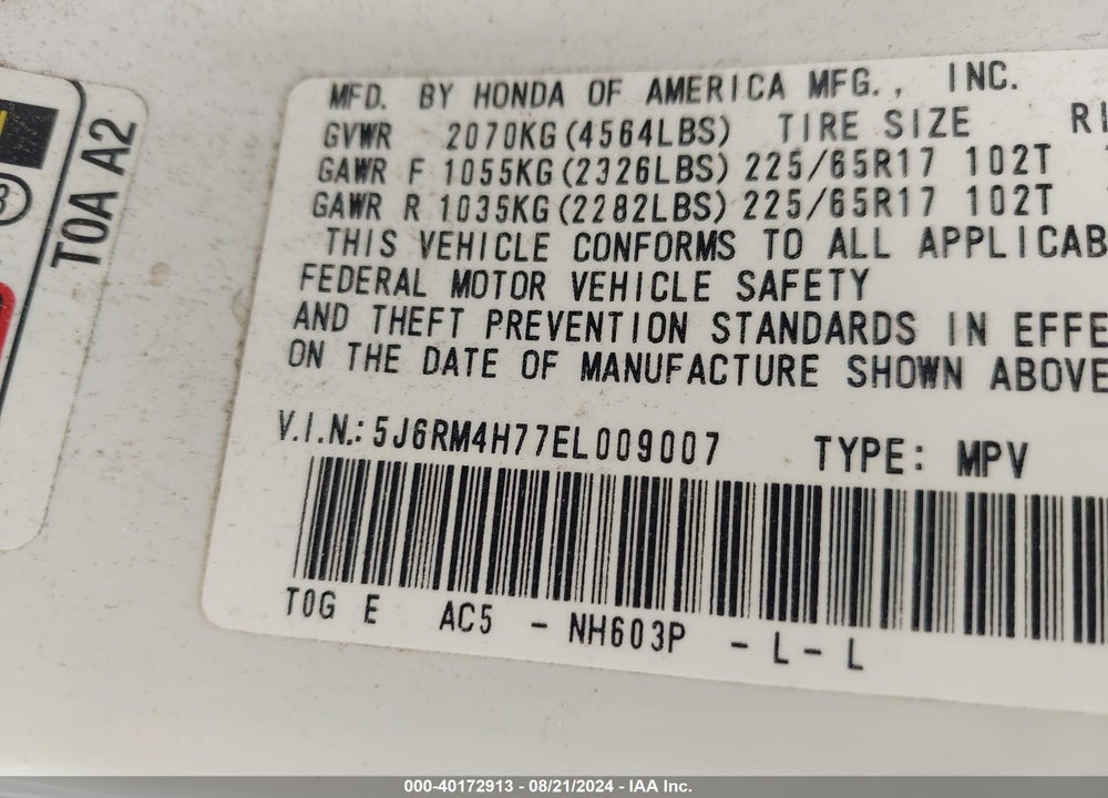 2014 HONDA CR-V EX-L VIN: 5J6RM4H77EL009007