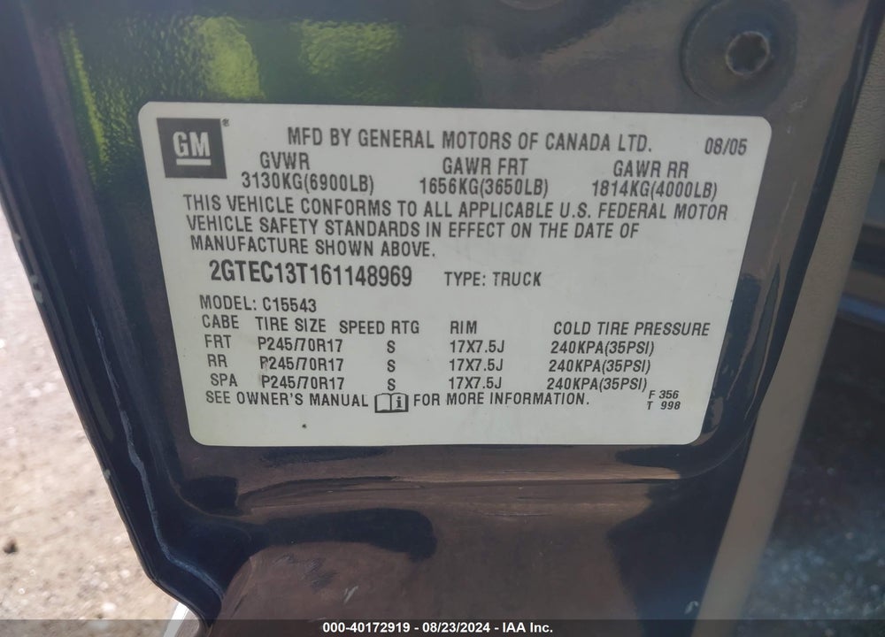 2006 GMC SIERRA 1500 SLE1 VIN: 2GTEC13T161148969