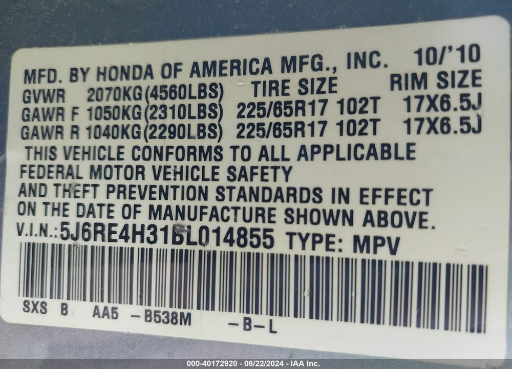 2011 HONDA CR-V LX VIN: 5J6RE4H31BL014855