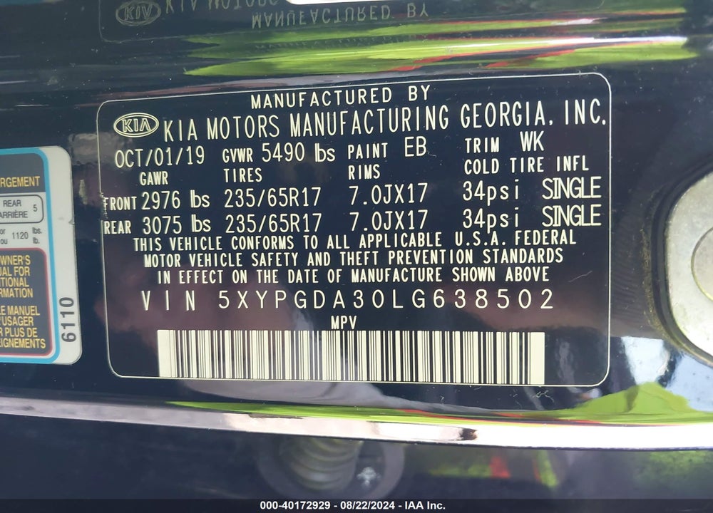 2020 KIA SORENTO 2.4L LX VIN: 5XYPGDA30LG638502