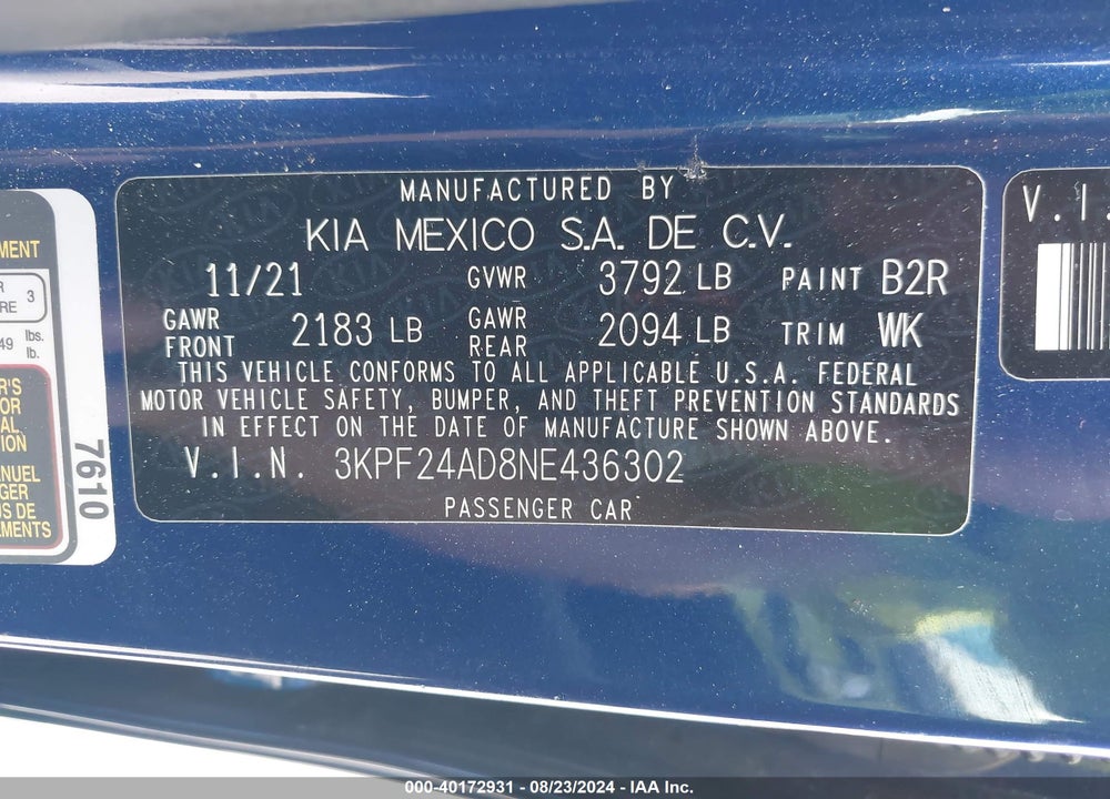 2022 KIA FORTE LXS VIN: 3KPF24AD8NE436302