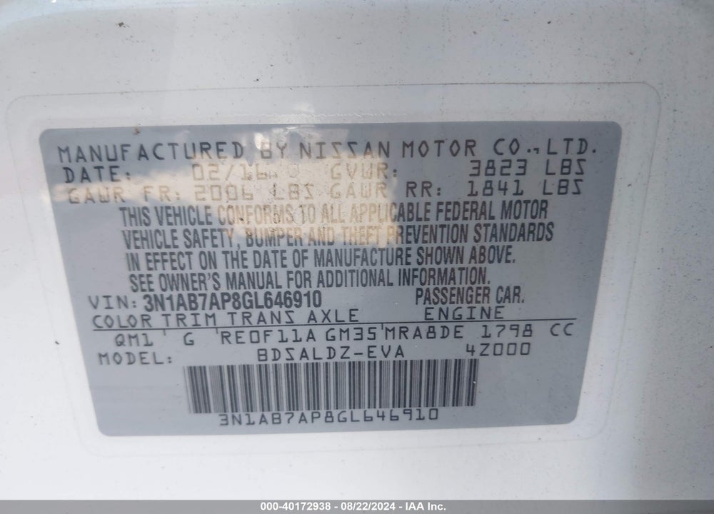 2016 NISSAN SENTRA FE+ S/S/SL/SR/SV VIN: 3N1AB7AP8GL646910