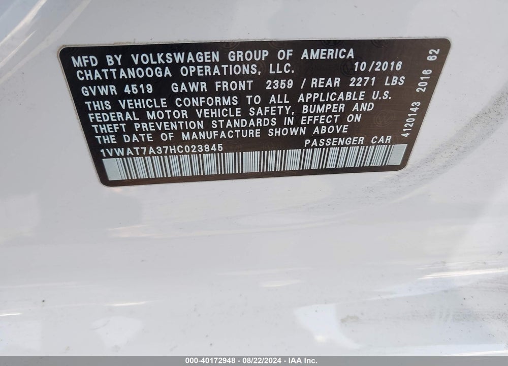 2017 VOLKSWAGEN PASSAT 1.8T S VIN: 1VWAT7A37HC023845