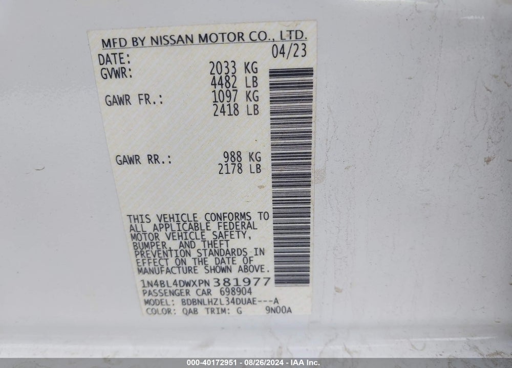 2023 NISSAN ALTIMA SV INTELLIGENT AWD VIN: 1N4BL4DWXPN381977