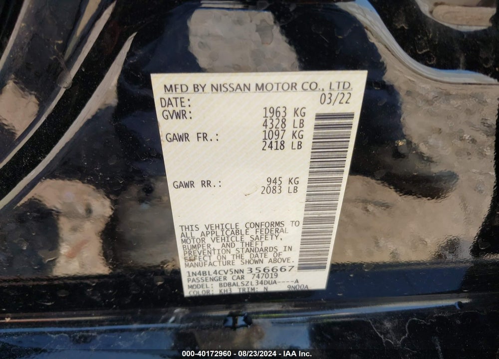 2022 NISSAN ALTIMA SR FWD VIN: 1N4BL4CV5NN356667
