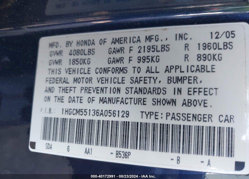 2006 HONDA ACCORD 2.4 VP VIN: 1HGCM55136A056129