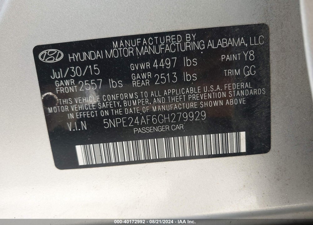 2016 HYUNDAI SONATA SE VIN: 5NPE24AF6GH279929