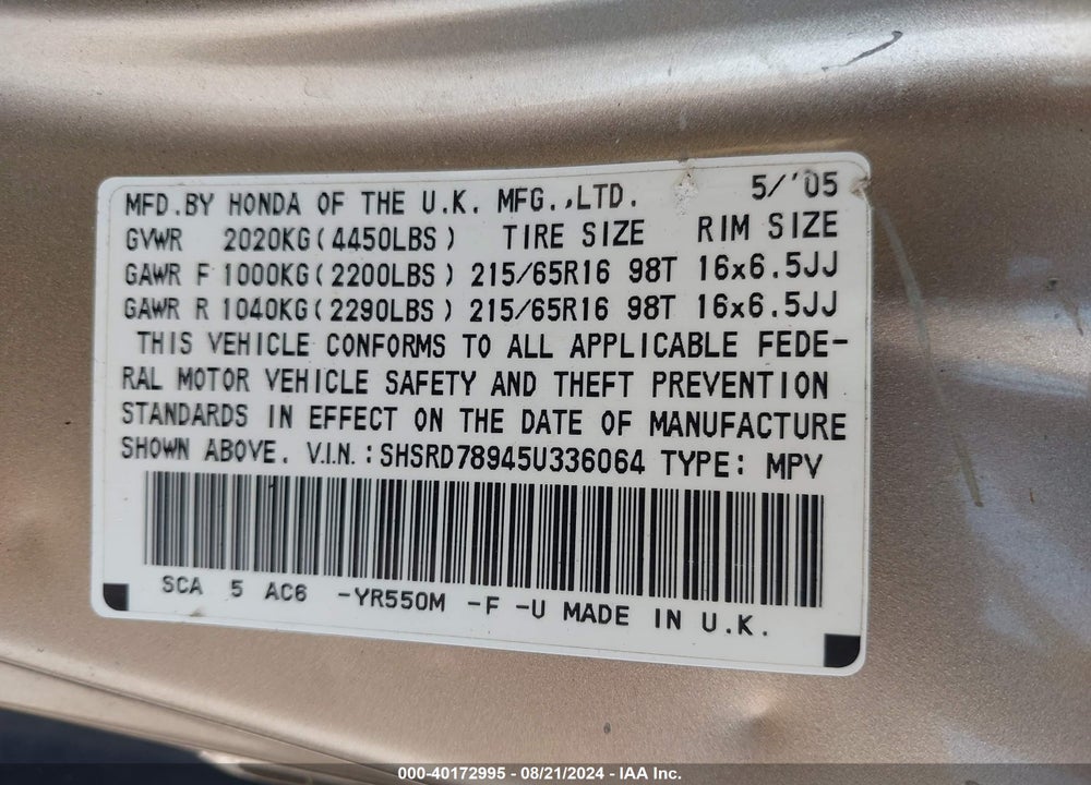 2005 HONDA CR-V SE VIN: SHSRD78945U336064