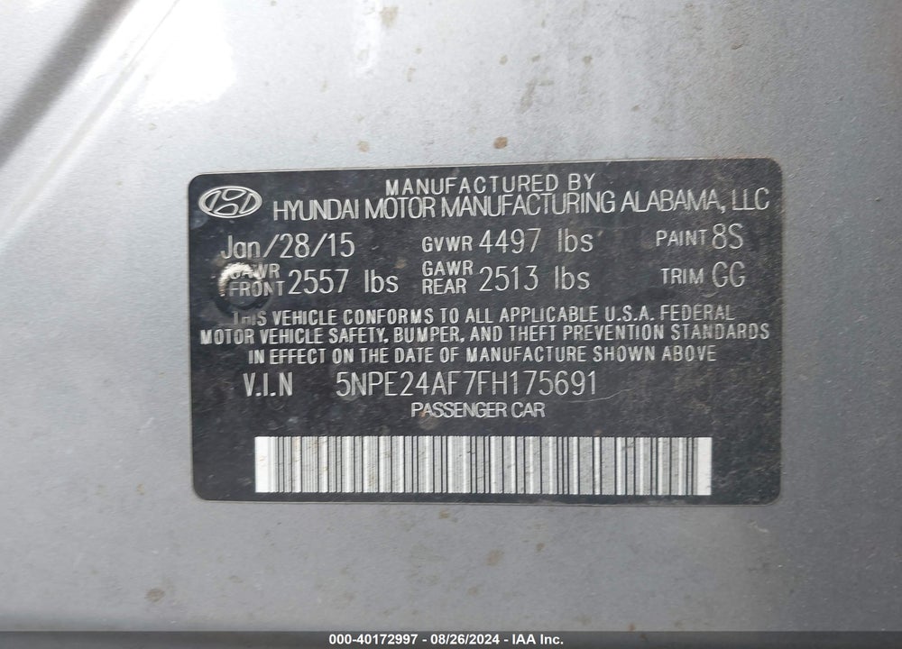 2015 HYUNDAI SONATA SE VIN: 5NPE24AF7FH175691