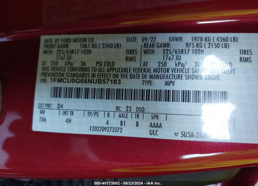 2022 FORD ESCAPE SE VIN: 1FMCU0G66NUB57183