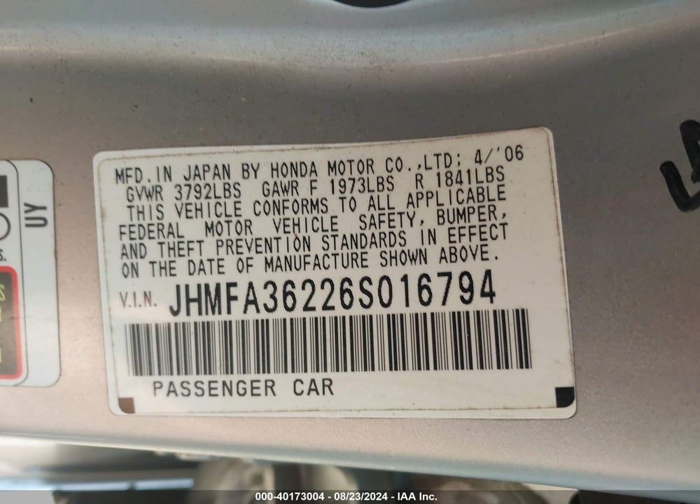 2006 HONDA CIVIC HYBRID VIN: JHMFA36226S016794