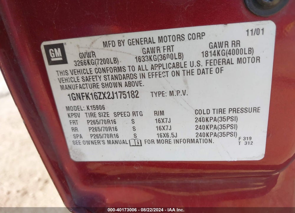 2002 CHEVROLET SUBURBAN 1500 LS VIN: 1GNFK16ZX2J175182