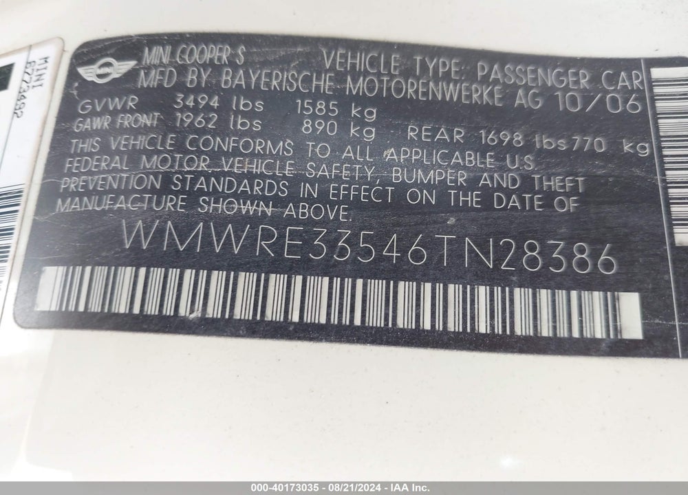 2006 MINI COOPER S VIN: WMWRE33546TN28386
