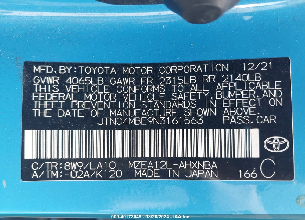 2022 TOYOTA COROLLA XSE VIN: JTNC4MBE9N3161563
