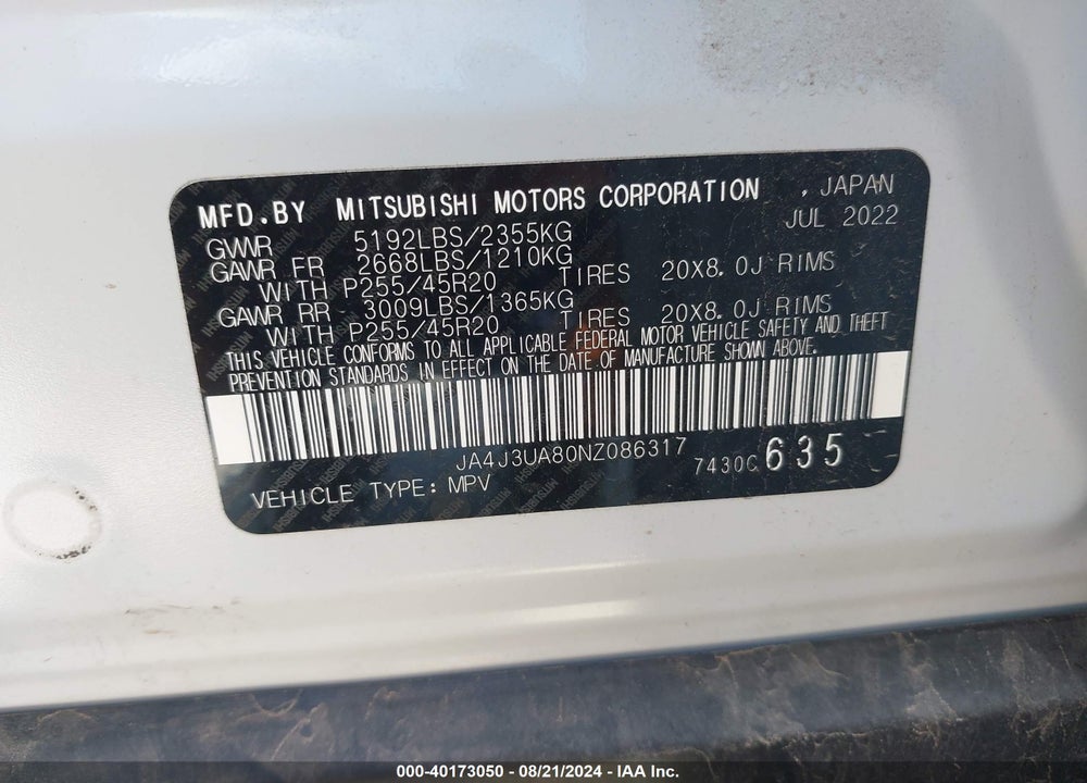 2022 MITSUBISHI OUTLANDER BLACK EDITION 2WD/SE 2.5 2WD/SE LAUNCH EDITION 2WD VIN: JA4J3UA80NZ086317