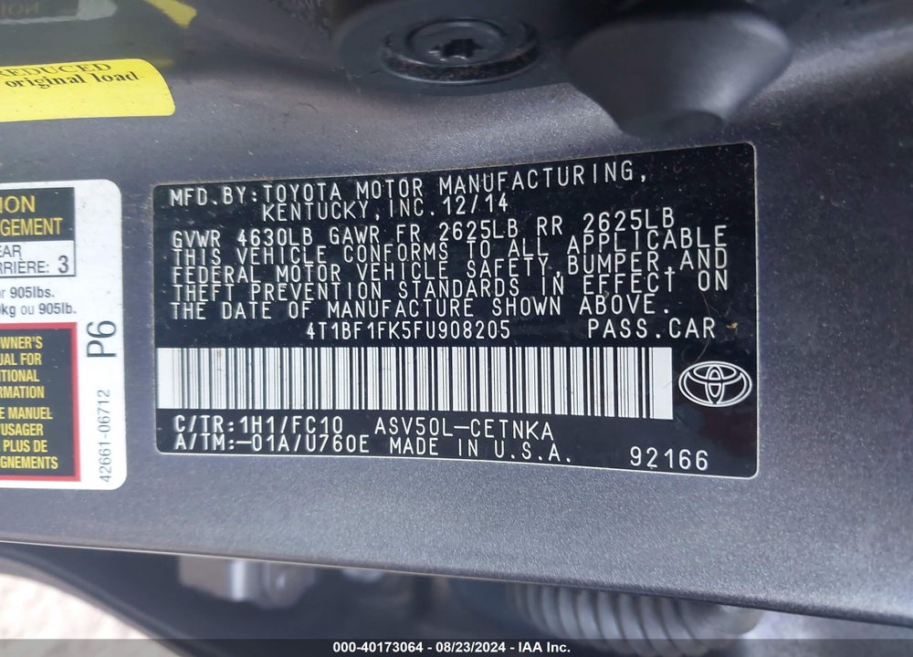 2015 TOYOTA CAMRY LE VIN: 4T1BF1FK5FU908205