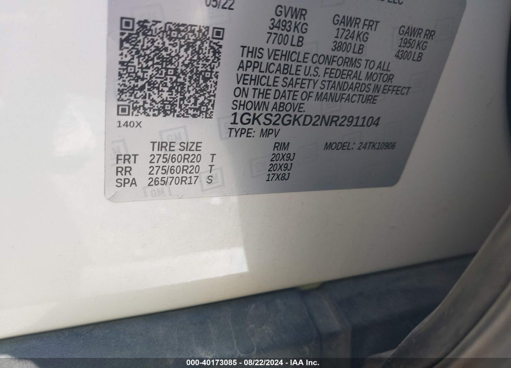 2022 GMC YUKON XL 4WD SLT VIN: 1GKS2GKD2NR291104