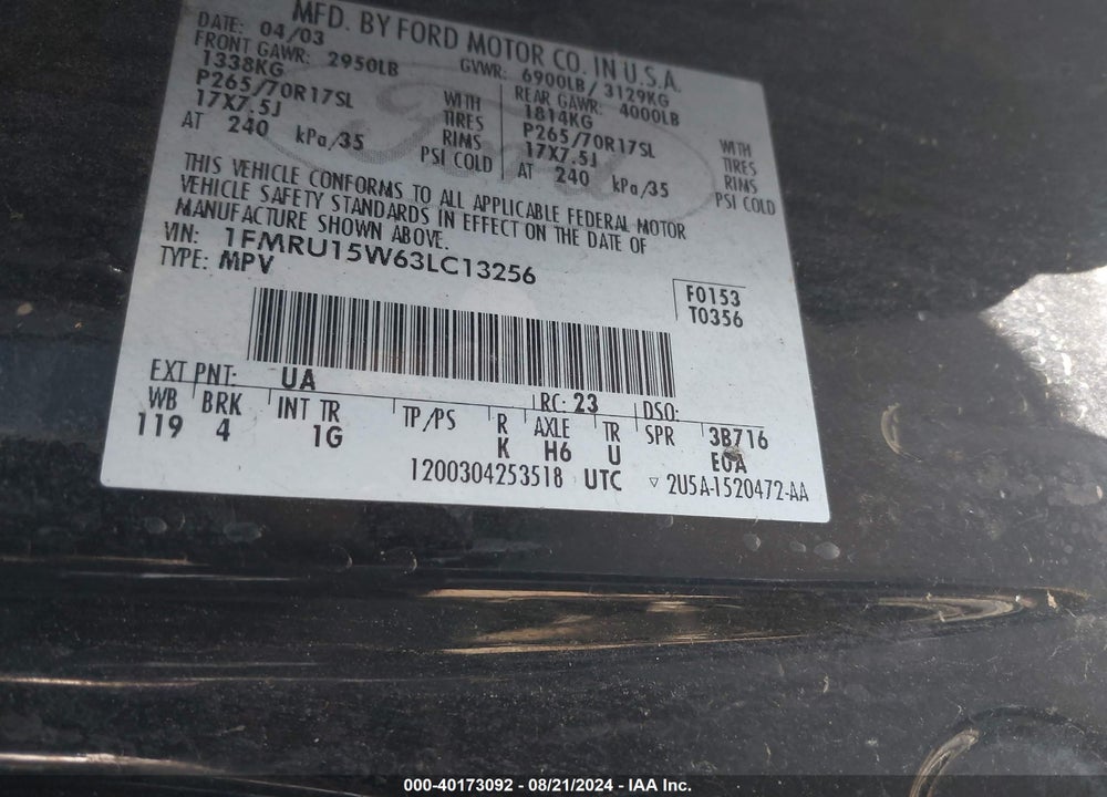 2003 FORD EXPEDITION XLT VIN: 1FMRU15W63LC13256