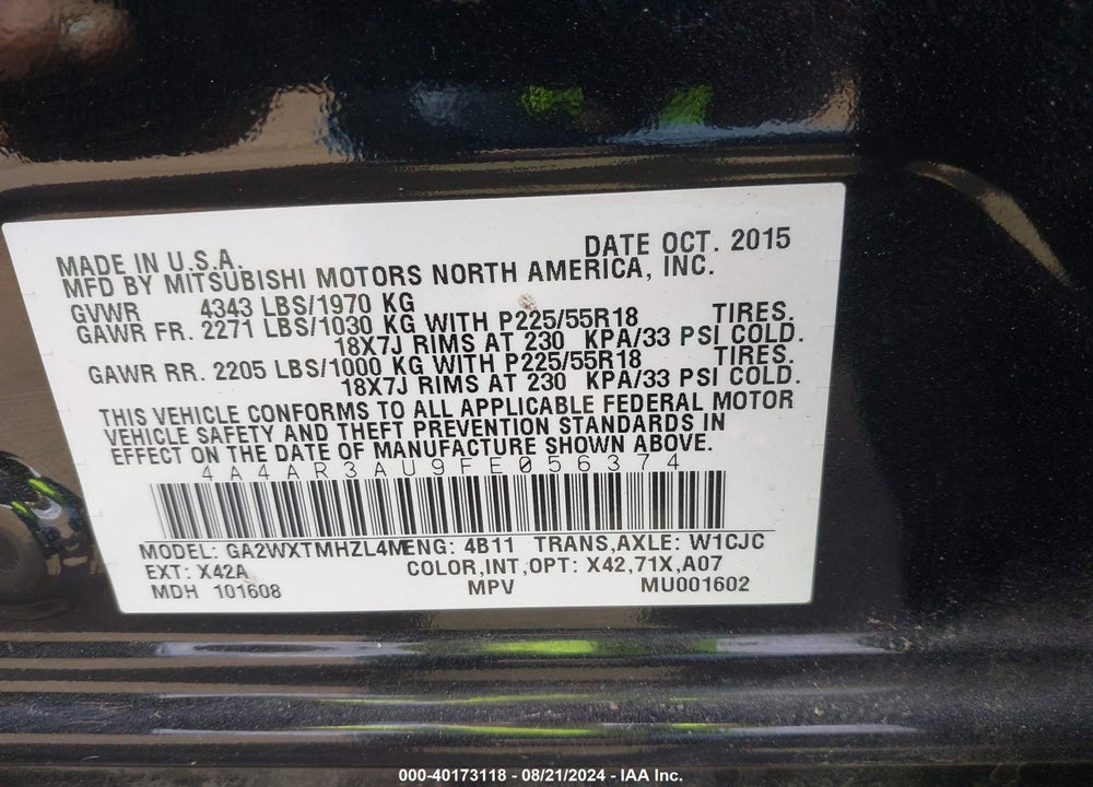 2015 MITSUBISHI OUTLANDER SPORT ES VIN: 4A4AR3AU9FE056374