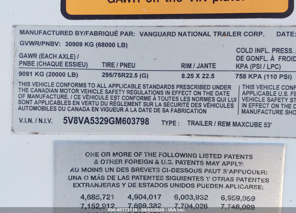 2016 VANGUARD NATIONAL TRAILER --- VIN: 5V8VA5329GM603798