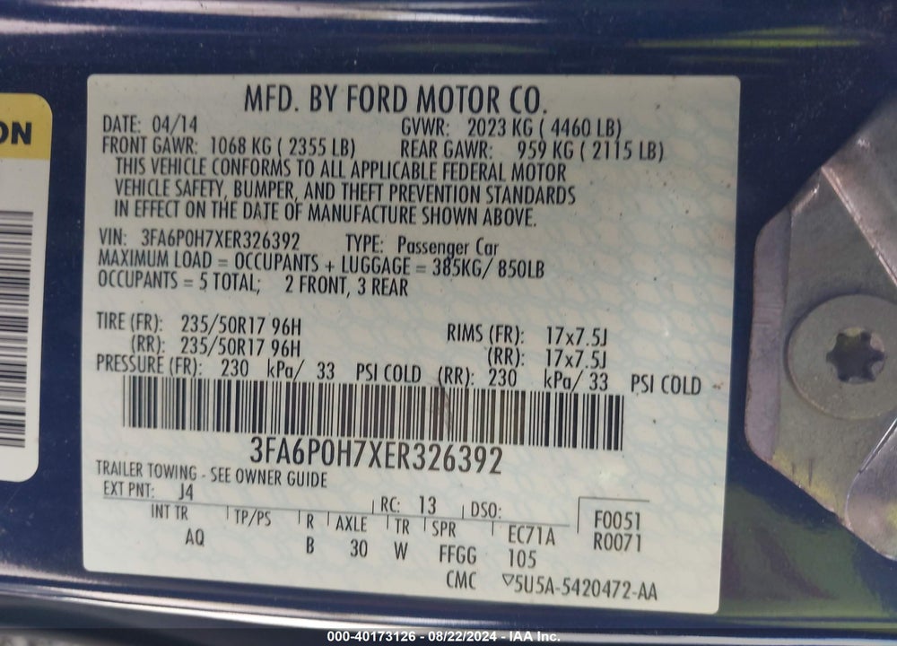 2014 FORD FUSION VIN: 3FA6P0H7XER326392