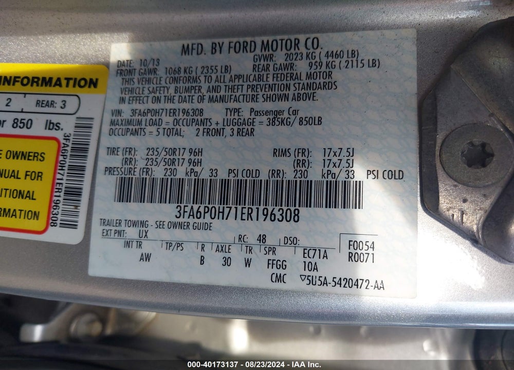 2014 FORD FUSION SE VIN: 3FA6P0H71ER196308