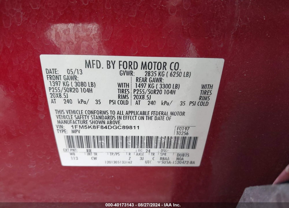 2013 FORD EXPLORER LIMITED VIN: 1FM5K8F84DGC89811