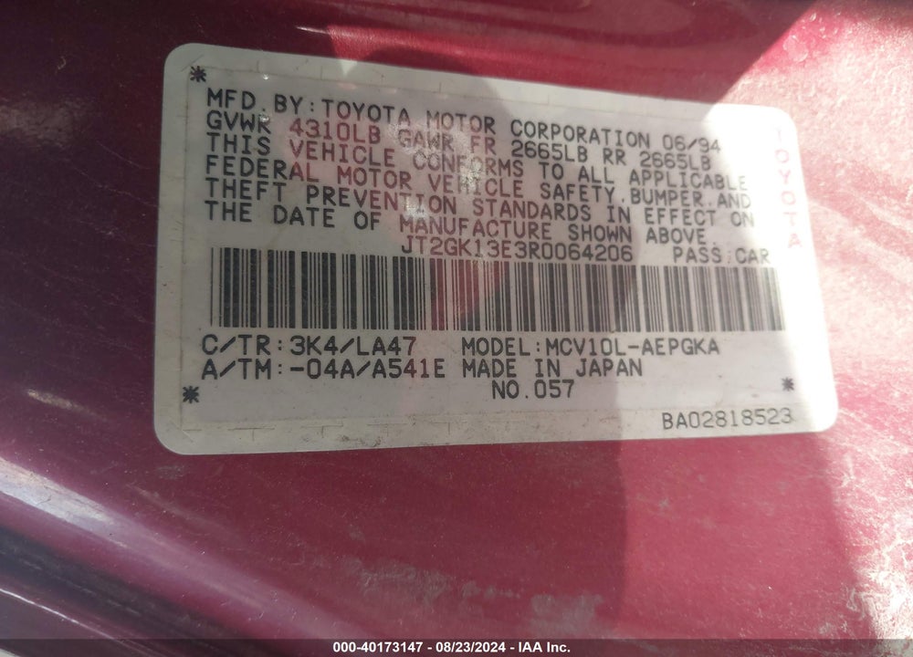 1994 TOYOTA CAMRY XLE VIN: JT2GK13E3R0064206