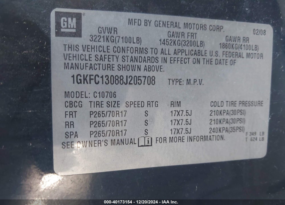 2008 GMC YUKON SLT VIN: 1GKFC13088J205708