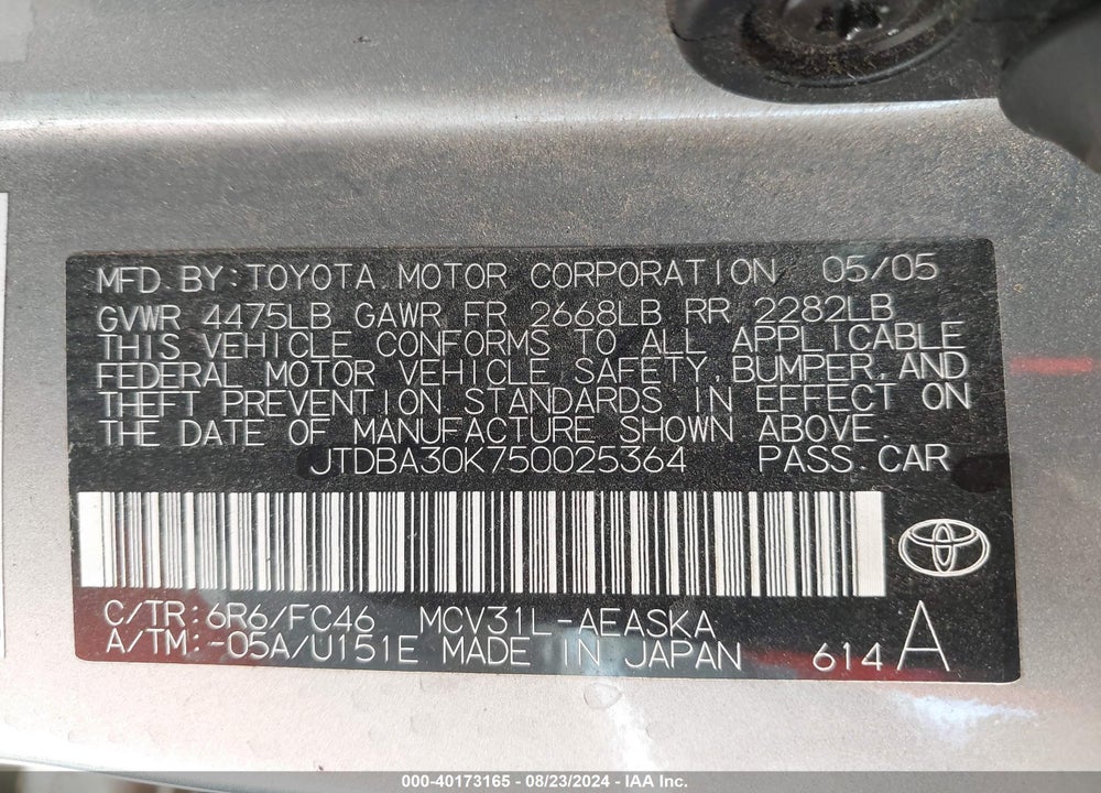 2005 TOYOTA CAMRY SE V6 VIN: JTDBA30K750025364