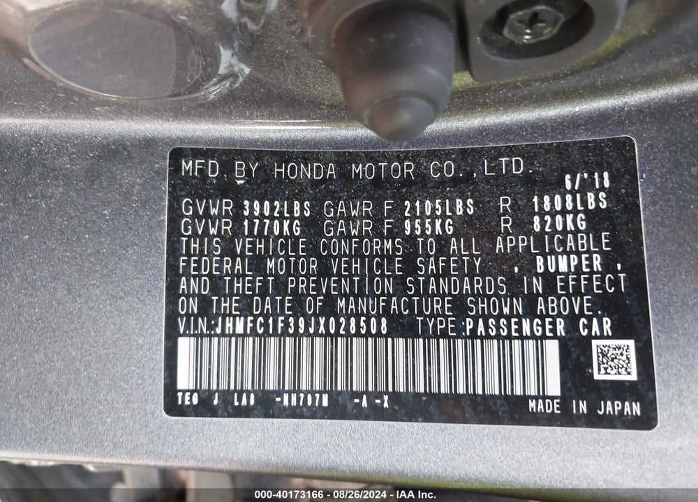 2018 HONDA CIVIC EX-T VIN: JHMFC1F39JX028508