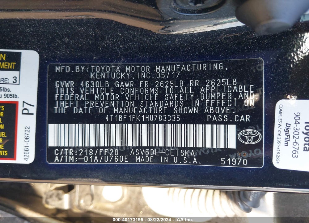 2017 TOYOTA CAMRY SE VIN: 4T1BF1FK1HU783335