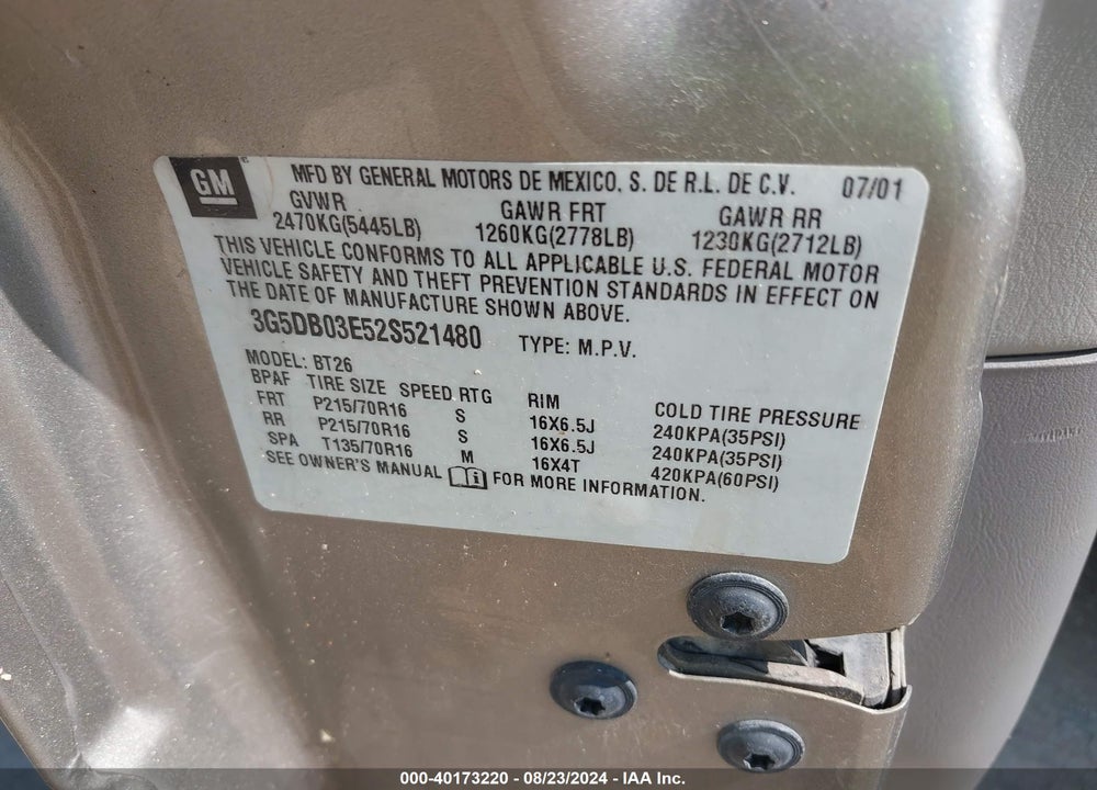 2002 BUICK RENDEZVOUS CXL VIN: 3G5DB03E52S521480