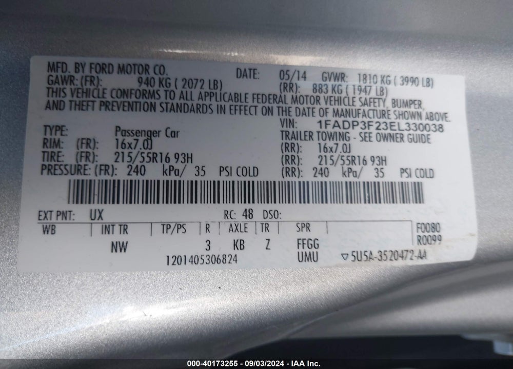 2014 FORD FOCUS SE VIN: 1FADP3F23EL330038