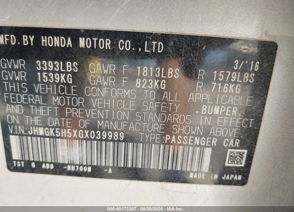 2016 HONDA FIT LX VIN: JHMGK5H5XGX039989